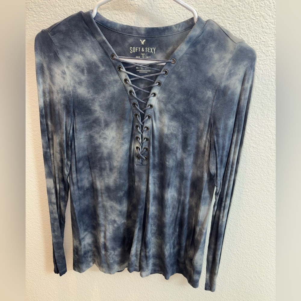 American Eagle Outfitters Blue Lace-Up Long Sleeve Tee